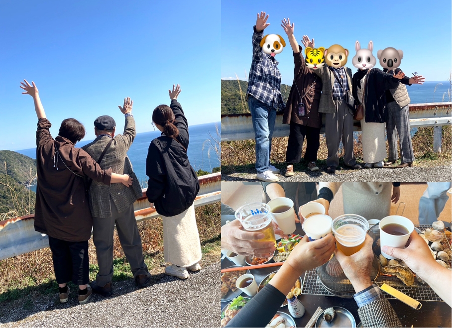 スタッフと利用者様が和やかな雰囲気の中で遠出や食事を楽しんでいる様子